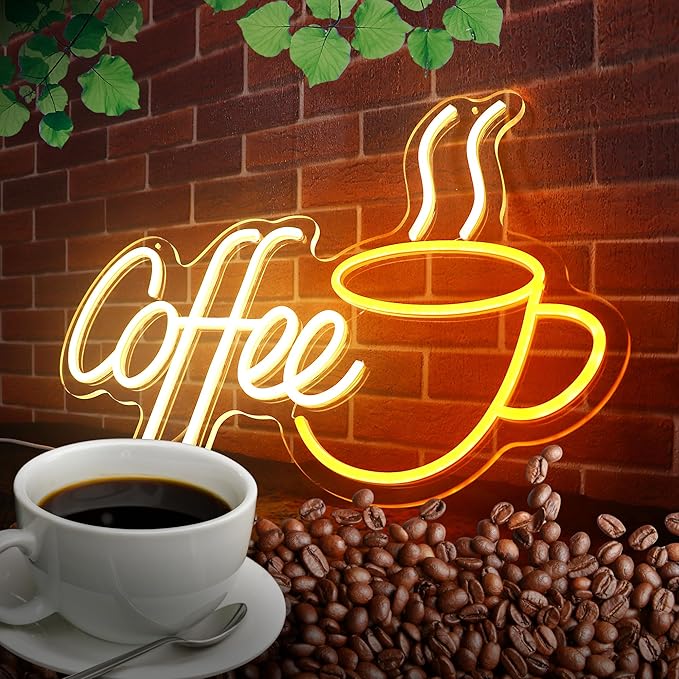 Coffee Neon Sign for Party LED Neon Sign for Wall Decor Led Neon Lights for Teen Bedroom Decor Art Light Up Sign Happy Birthday Neon Signs for All Party Reunion Decoration USB 5v 21.7x13.8 Inch (Warm White)