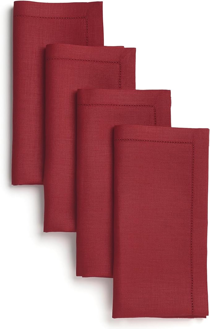 D'Moksha Homes Red Linen Napkins Set of 4 - Classic Hemstitch 100% Pure Linen Hemstitch Dinner Napkins 20 x 20 Inch for Winter, Christmas, Holiday - Handcrafted and Machine Washable