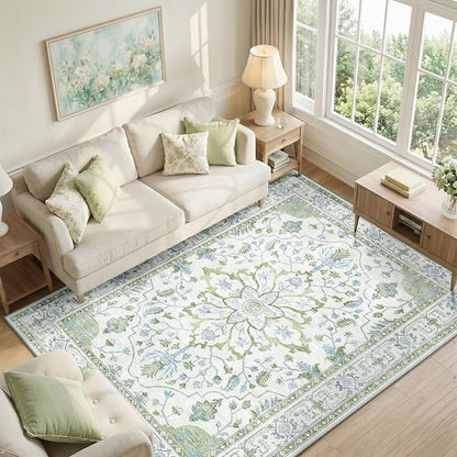 Area Rugs 6'x9' Washable Non-Slip, Floral Vintage Distress Print Pattern Medallion Carpet for Living Room Bedroom Dining Room, Green White Blue