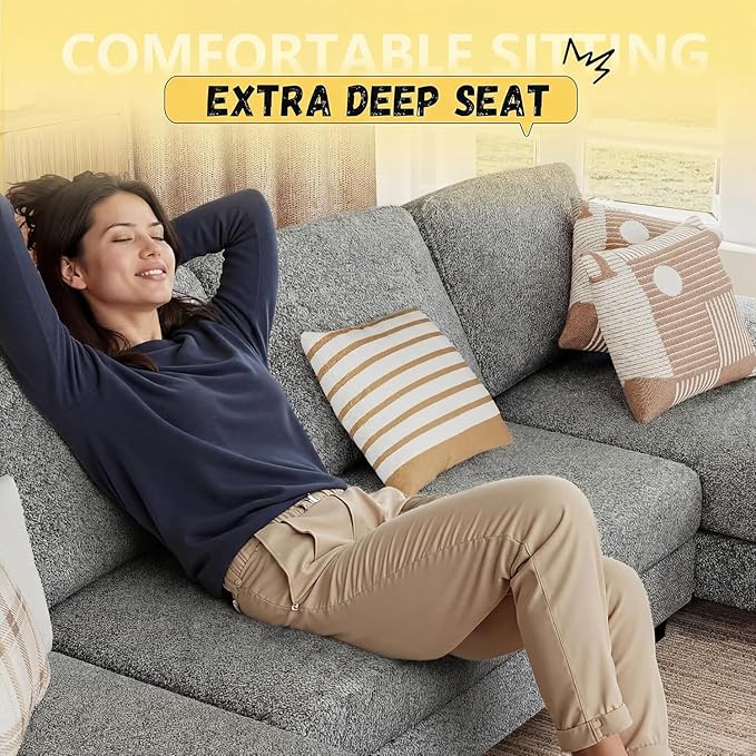 JUMMICO Sectional Couches for Living Room, U Shaped Couch with Chenille Fabric, 4 Seat Modern Sofa with Removable Pillows for Apartment and Small Space (Loop Yarn, Pearl Gray)