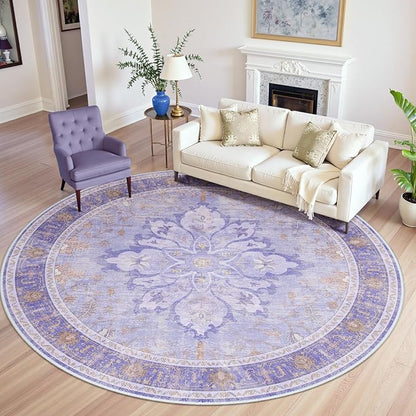 Area Rugs 6ft Washable Non-Slip, Floral Vintage Distress Print Pattern Medallion Carpet for Living Room Bedroom Dining Room, Light Purple Brown