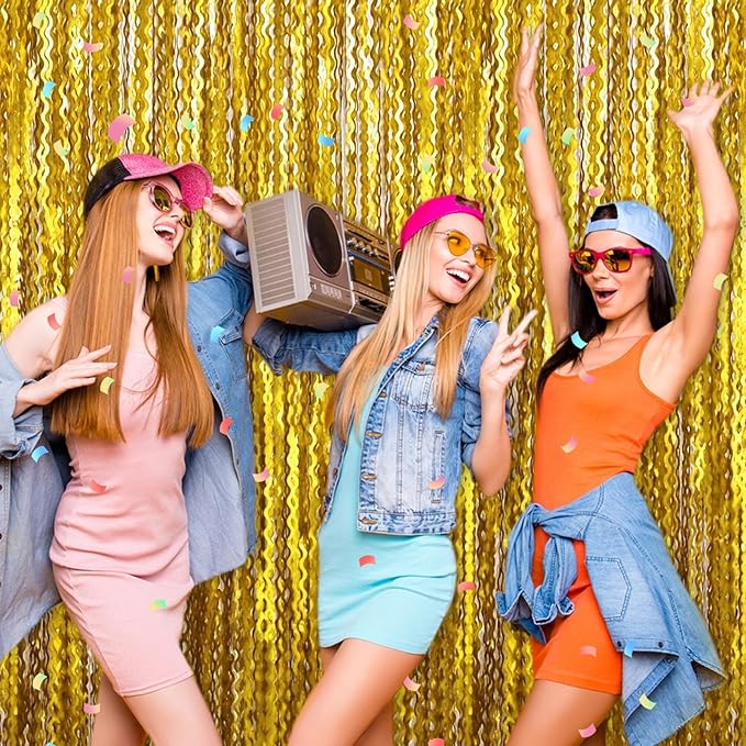 4 Pack Gold Fringe Curtain Backdrop 3.2Ft x 8.2Ft Metallic Tinsel Foil Fringe Streamers Background for Photo Booth Mother's Day, Easter, Carnival, Birthday, Wedding Party Decoration
