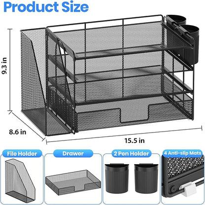 OPNICE Desk Organizer, 4-Tier Desktop File Organizer with Drawer and 2 Pen Holders, Office Desk Accessories, File Sorters, Workspace Organizers for Office Supplies(Black-2pack)