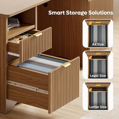 Bestier 59 inch Office Desk with 2 Drawer, Computer Desk with File Cabinet & 2 Open Storage, Modern Fluted Wood Desk for Home Office Bedroom Study, Natual Oak