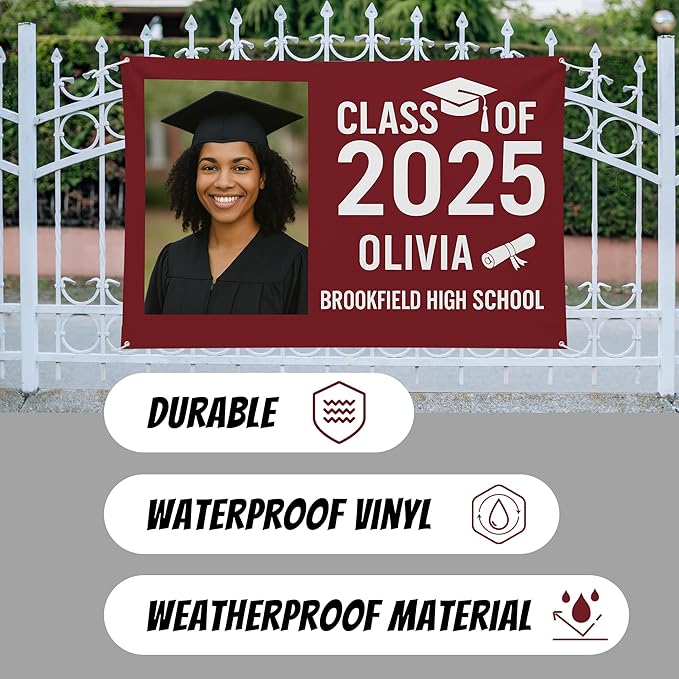 Custom Graduation Banner Class of 2025 with Photo and Name – Personalized Congrats Sign for High School or College Seniors – Indoor Outdoor Graduation Party Decoration