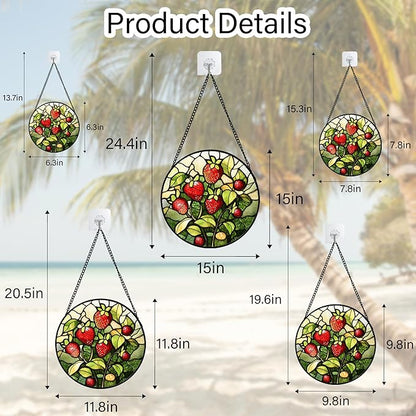 Stained Glass Window Hanging - Red Strawberry Suncatcher for Doors Window Home Green Plant Sun Catchers Decor Christmas Mother's Day Birthday Gifts for Teacher Women Men Mom Nana 9.8 in