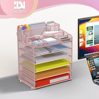 Docnest 6 Tier Mesh Desk Organizer for Paper Office Supplies – Multi-Functional Letter Tray with 5 Adjustable Compartments, 9 Pen Holders, Desktop Storage for Files, Mail, Stationery – Pink