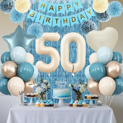 Dusty Blue 50th Birthday Party Decorations for Women Men Beige Cream Number 50 Balloon with Blue Gold Happy Birthday Banner Fringe Curtain Paper Pom Poms Nude White Sand Champagne Star Foil Balloons