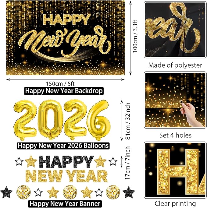 New Years Eve Party Supplies 2026 Happy New Year Decorations Kit - Black Gold Happy New Year Banner, Backdrop, 2026 Balloons, Pom Poms and Hanging Swirls for Kids Adults Party Decor