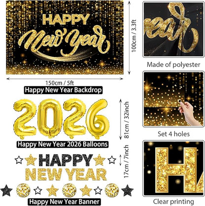 New Years Eve Party Supplies 2026 Happy New Year Decorations Kit - Black Gold Happy New Year Banner, Backdrop, 2026 Balloons, Pom Poms and Hanging Swirls for Kids Adults Party Decor