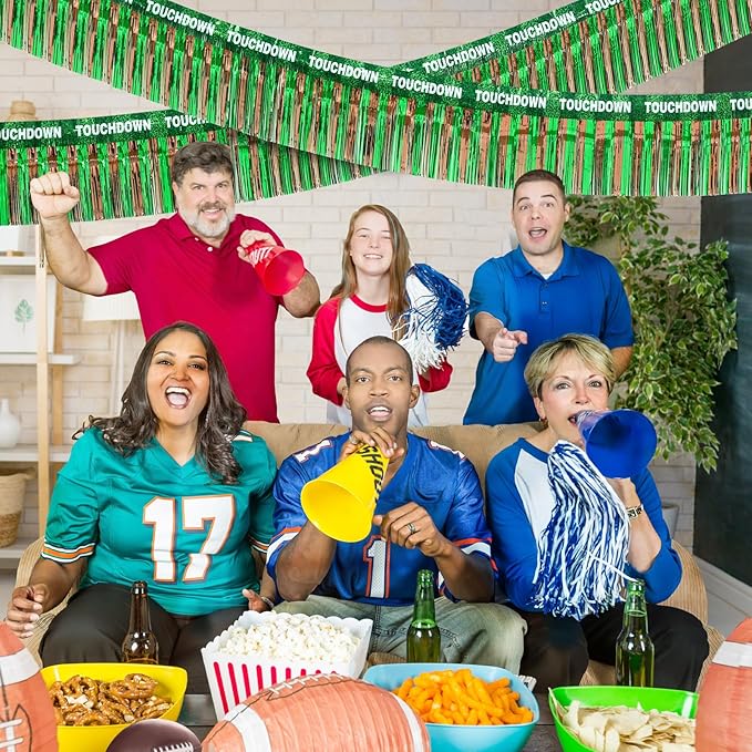 LOLStar Super Ball Party Decorations 2Packs 39 Feet Foil Fringe Garland Football Themed Tinsel Streamers Green Brown Metallic Hanging Backdrop Banner Table Skirts Parade Floats Super Ball Sunday Party