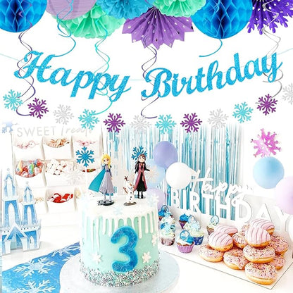 Winter-Wonderland Christmas-Snowflake Frozen Birthday Party-Decorations - 21pcs Happy Banner,Blue Purple Teal Paper Lanterns Honeycomb Streamers,Tissue Pom Poms Flower Fan,Hanging Decor Huglony