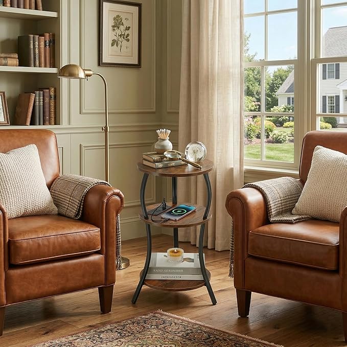 Small Round Side Table with Charging Station, 3-Tier Waist Circular End Table with Storage Shelf, Compact Tea Sofa Side Table Small Spaces, Round Corner Coffee Table for Living Room Bedroon,Brown