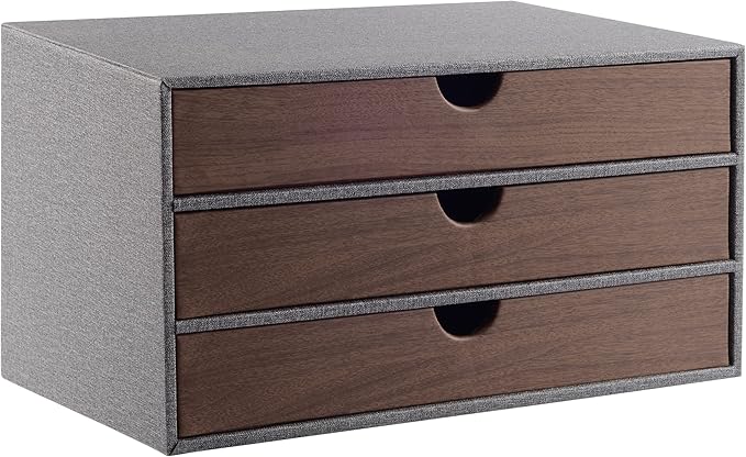 Cloth-effect Faux Leather Desk Organizer File Cabinet Executive Office Supplies Desktop Filing A4 Contract Document Stackable Storage Box with 3 Drawers (Grey)