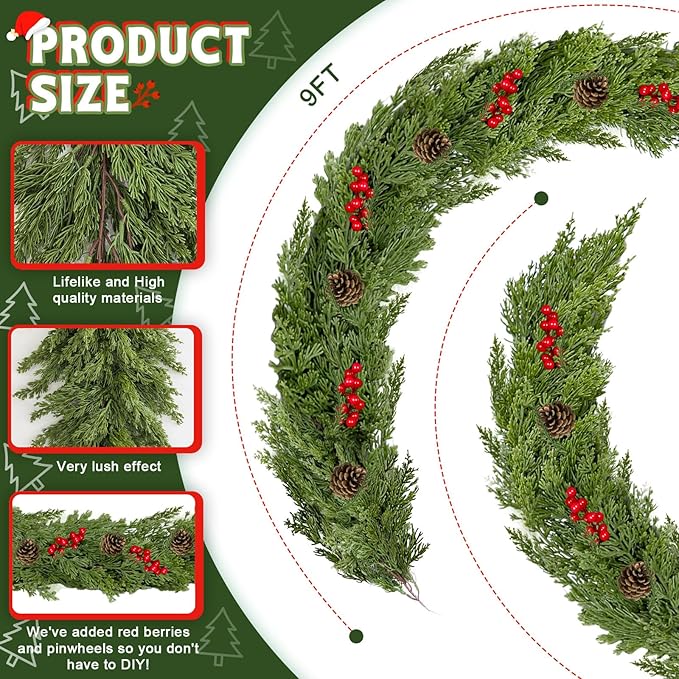 9.8FT Christmas Cedar Garland with 3 Pinecone Berry, Realistic Soft Faux Cedar Garlands,Thickness Pine Garland for Home Fireplace Mantle Table Stair Handrail, Indoor Outdoor Christmas Decorations