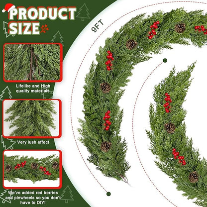 9.8FT Christmas Cedar Garland with 3 Pinecone Berry, Realistic Soft Faux Cedar Garlands,Thickness Pine Garland for Home Fireplace Mantle Table Stair Handrail, Indoor Outdoor Christmas Decorations
