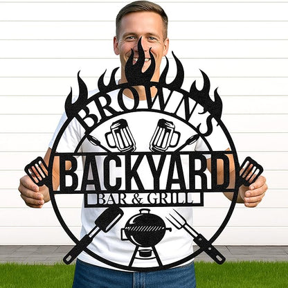 Rustic Metal BBQ Cut Sign, Personalized Grill Wall Art with Custom Name for Backyard Patio, Outdoor Barbecue Decor