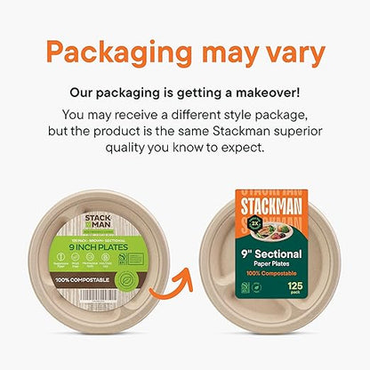 100% Compostable Paper Plates 9 Inch Bulk [500 Count] Heavy-Duty Dinner Plates with Compartments - Natural Brown Color Bagasse - Eco-Friendly Disposable Biodegradable Sugarcane - [Case 4/125 Pack]