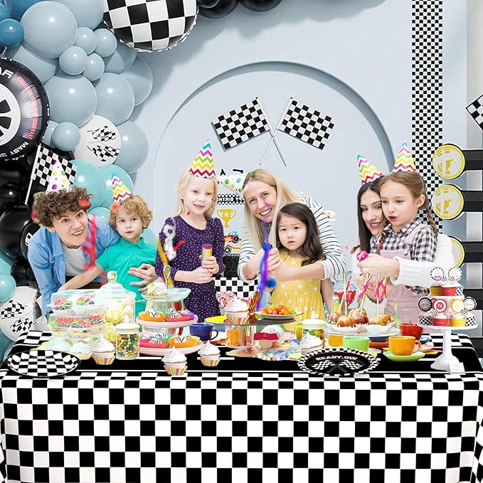 WNINK 2 Pack Race Car Table Cloth and Black White Gingham Tablecloths Disposable Plastic Buffalo Check Tablecloth Checkered Flag Covers for Birthday, Outdoor Picnic, Birthday, Camping 54 × 108 Inch
