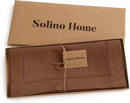 Solino Home Linen Brown Table Runner 90 Inches Long - 100% Pure Linen Hemstitch 14 x 90 Inch Table Runner for Dining, Fall, Autumn - Classic Hemstitch