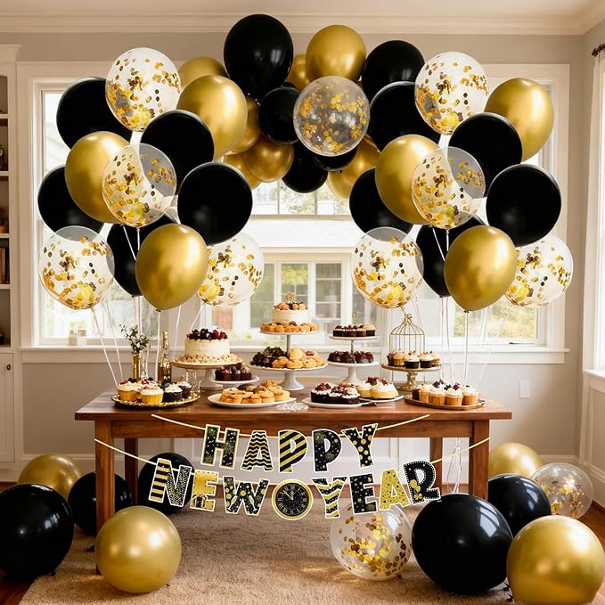 JOJO FLY 50 Pcs 12 Inches Black and Gold Balloons, Gold Confetti Balloons, Retirement, Birthday Party Decorations, New Years Eve Decorations, Graduation Party Supplies