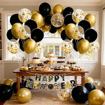 JOJO FLY 50 Pcs 12 Inches Black and Gold Balloons, Gold Confetti Balloons, Retirement, Birthday Party Decorations, New Years Eve Decorations, Graduation Party Supplies