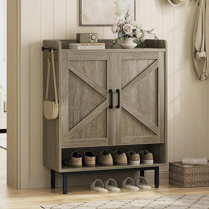 Yaheetech Shoe Storage Cabinet with Doors, Farmhouse Shoe Cabinet with 2 Adjustable Shelves and 4 Side Hooks, Wooden Shoe Rack Organizer Cabinet for Entryway, Foyer, Hallway, Washed Gray