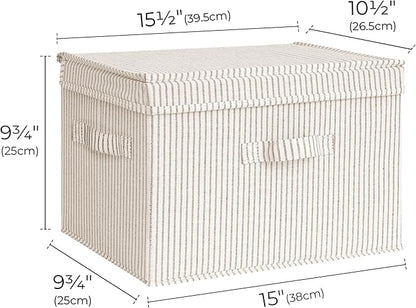 StorageWorks Fabric Storage Bins with Lid, Decorative Storage Boxes for Shelves, Stackable Closet Organizer Basket with Handles, Large, Khaki and Beige Stripes, 2-Pack