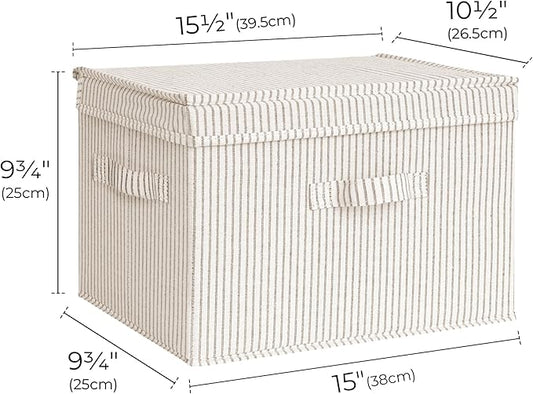 StorageWorks Fabric Storage Bins with Lid, Decorative Storage Boxes for Shelves, Stackable Closet Organizer Basket with Handles, Large, Khaki and Beige Stripes, 2-Pack