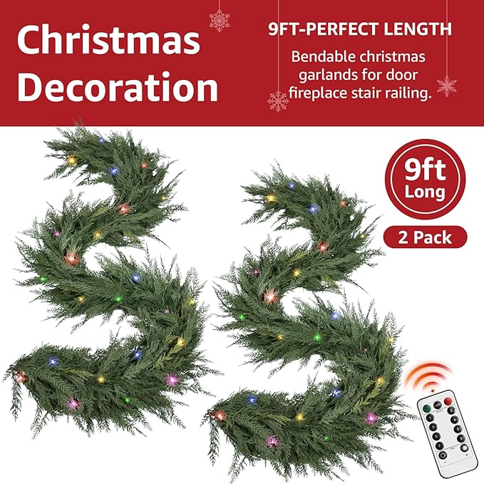 Christmas Cedar Garland Realistic with Lights - 2 Pack Cypress Decorations 9ft for Mantle Lighted Faux Pine Garlands for Xmas Home Decoration Indoor Stairs Railing Fireplace Outdoor Prelit Door Decor