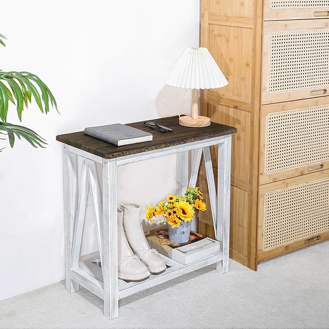Farmhouse End Table Narrow Side Table Living Room Slim End Tables with Storage Shelf 2 Tier Nightstand for Bedroom Hallway Dormitory, Rustic Brown and White