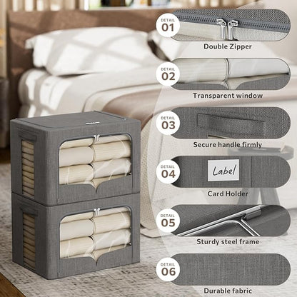 FHSQX 3 Pack Clothes Storage Bins Foldable Metal Frame Storage Box Stackable Linen Fabric Organizer Set with Carrying Handles and Clear Window (Dark Gray, 15.7x11.8x11.8inch(36L))
