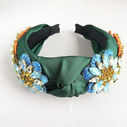 Yusier Women's Baroque Rhinestone Crystal Headbands - Embroidered Satin Hair Accessories, Exquisite Hairband in a Variety of Colors (Dark Green)