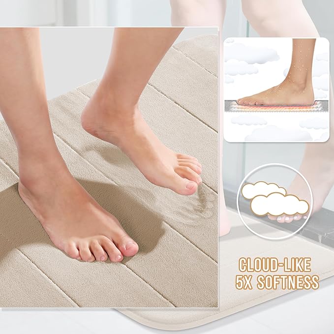 Yimobra Long Bath Mat 44"x24", Super Soft Quick Dry Memory Foam Bathroom Rug, Water Absorbent, Non Slip Backing Machine Washable for Tub Shower, Thick Comfort Support, Beige