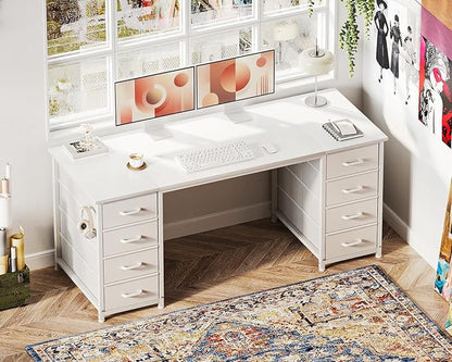 Casaottima 55 Inches Computer Desk with 8 Fabric Drawers, Modern Office Desk with Large Storage for Home Office, Study, White