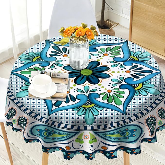 Eikione Boho Round Tablecloth 60inch, Bohemia Table Cloth, Polyester Waterproof Stain Wrinkle Free Tablecloths, Indoor and Outdoor Table Cover for Home Kitchen Dining Decor