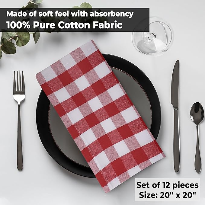Urban Villa Cloth Napkins Set of 12 20x20 Inches 100% Cotton Napkins Cloth Washable Durable Reusable Absorbent Table Dinner Napkins Cloth for Christmas Hotel Lunch Restaurant Parties- Red White