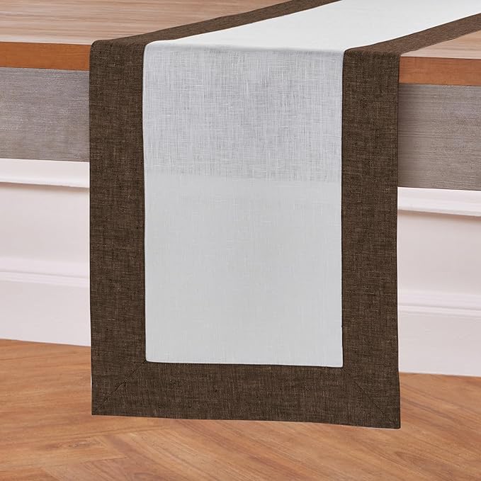 Solino Home Linen Table Runner 36 Inches - 100% Pure Linen Chambray Brown and White Short Table Runner 14 x 36 Inch Ideal for Dresser and Coffee Tables - Contempo