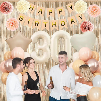 Beige 30th Birthday Decorations for Her Cream Number 30 Balloon Nude Gold Happy Birthday Banner Fringe Curtain Paper Pom Poms Blush White Sand Champagne Star Foil Balloons Neutral Boho Party Decor