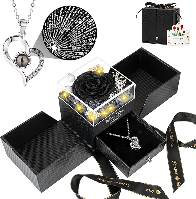 Preserved Black Real Rose -Eternal Flowers Rose Gifts for Mom Grandma Wife Girlfriend Gifts for Her Christmas Birthday Anniversary-with I Love You Necklace