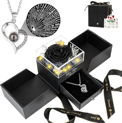 Preserved Black Real Rose -Eternal Flowers Rose Gifts for Mom Grandma Wife Girlfriend Gifts for Her Christmas Birthday Anniversary-with I Love You Necklace