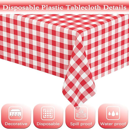 WNINK 4 Pack Red Gingham Tablecloth Rectangular Red and White Checkered Tablecloths Disposable Plastic Red Plaid Table Cover for Parties, Christmas, Outdoor Picnic, Birthday, Wedding, Camping 54 × 108