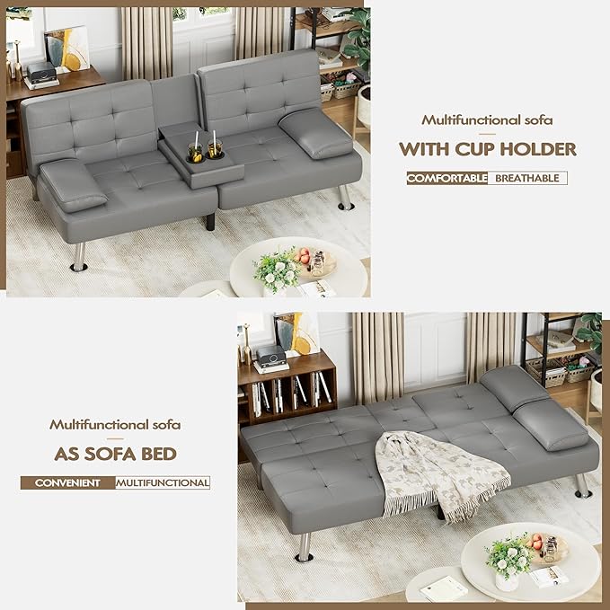 Homall Futon Sofa Bed, Leather Futon Couch with Removable Armrests, Adjustable Recliner Sleeper Sofa Bed with Dual Cup Holders for Living Room, Apartment, Office (Gray)
