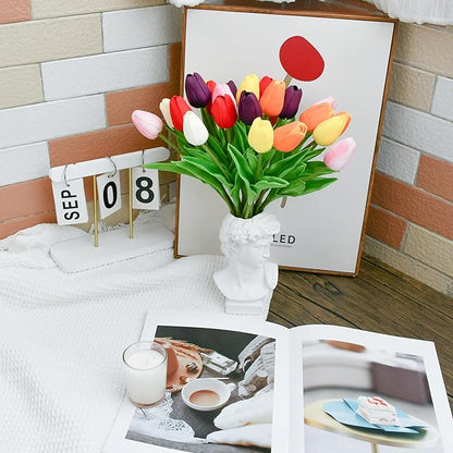 ONLY ART Artificial Multicolor Tulips 20 Pcs – 13.5 Inch PU Faux Flowers with Bendable Stems for Home Décor, Wedding Centerpieces, DIY Floral Arrangements, Table Decorations