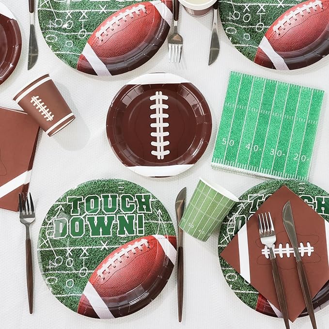 Football Party Supplies Set for 24-Disposable Paper Plates and Napkins, Cups, Touchdown Football Tableware Party Decorations for Birthday Themed Game Day Tailgate Table Decor
