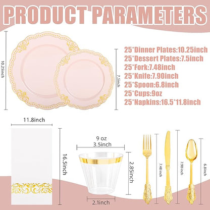 Ciaell 175 PCS Pink and Gold Plastic Plates - Fancy Gold Disposable Dinnerware Set with of 50 Plates, 25 Knives, 25 Forks, 25 Spoons, 25 Cups, 25 Napkins for Party & Weddings