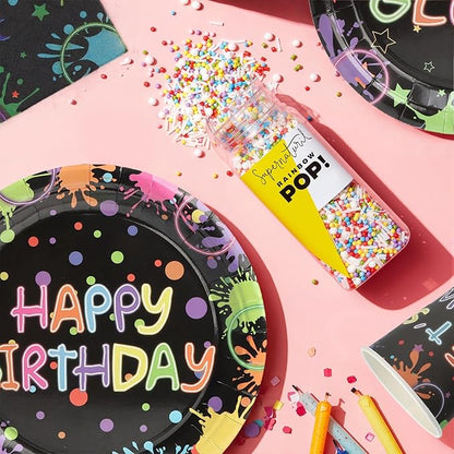 96pcs Birthday Party Disposable Tableware Set Birthday for 24 Guest Kids Coloful Black Party Supplies（Include plates，cups and napkins）