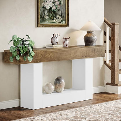 Tribesigns 63" Console Table, Farmhouse 2-Tier Entryway Table with U-Shaped Base, Narrow Long Wood Sofa Table Behind Couch Table for Living Room, Hallway, Foyer, Light Brown & White
