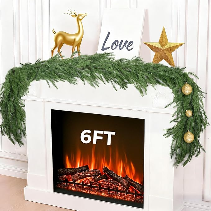 6 FT Christmas Norfolk Pine Garlands, Winter Decor Real Touch Pine Garland, Artificial Greenery Xmas Garland for Holiday, Table, Wall, Fireplace, Mantel, Indoor & Outdoor Decoration (1 Pack, 6 FT)