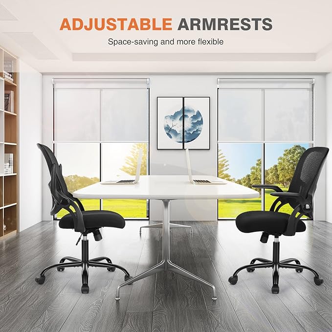 Sweetcrispy Office Computer Desk Chair, Ergonomic Mid-Back Mesh Rolling Work Swivel Task Chairs with Wheels, Comfortable Lumbar Support, Comfy Flip-up Arms for Home, Bedroom, Study, Student, Black